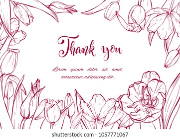 Floral background. Hand drawn vector botanical illustration. Template greeting card, wedding invitation banner with spring flowers. Sketch linear tulips blossom.Engraved style illustration.