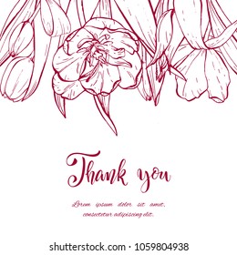 Floral background. Hand drawn vector botanical illustration. Template greeting card, wedding invitation banner with spring flowers. Sketch linear tulips blossom.Engraved style illustration.
