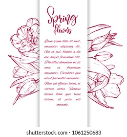 Floral background. Hand drawn vector botanical illustration. Template greeting card, wedding invitation banner with spring flowers. Sketch linear tulips blossom.Engraved style illustration.