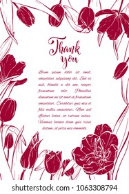 Floral background. Hand drawn vector botanical illustration. Template greeting card, wedding invitation banner with spring flowers. Sketch linear tulips blossom.Engraved style illustration.