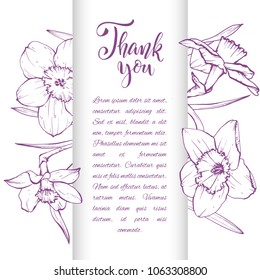 Floral background. Hand drawn vector botanical illustration. Template greeting card, wedding invitation banner with spring flowers. Sketch linear narcissus blossom.Engraved style illustration.