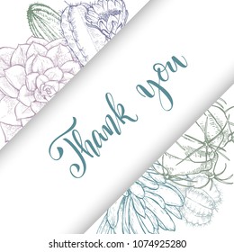 Floral background. Hand drawn vector botanical illustration. Template greeting card, wedding invitation banner with spring flowers. Sketch linear cactus ans succulents . Engraved style illustration.