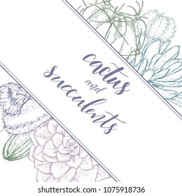 Floral background. Hand drawn vector botanical illustration. Template greeting card, wedding invitation banner with spring flowers. Sketch linear cactus ans succulents . Engraved style illustration.