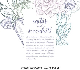 Floral background. Hand drawn vector botanical illustration. Template greeting card, wedding invitation banner with spring flowers. Sketch linear cactus ans succulents . Engraved style illustration.