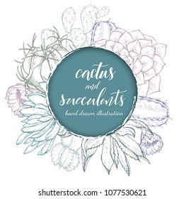 Floral background. Hand drawn vector botanical illustration. Template greeting card, wedding invitation banner with spring flowers. Sketch linear cactus ans succulents . Engraved style illustration.