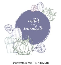 Floral background. Hand drawn vector botanical illustration. Template greeting card, wedding invitation banner with spring flowers. Sketch linear cactus ans succulents . Engraved style illustration.