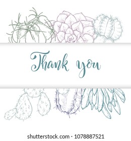 Floral background. Hand drawn vector botanical illustration. Template greeting card, wedding invitation banner with spring flowers. Sketch linear cactus ans succulents . Engraved style illustration.