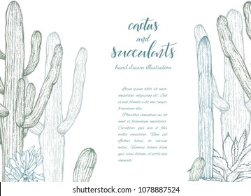 Floral background. Hand drawn vector botanical illustration. Template greeting card, wedding invitation banner with spring flowers. Sketch linear cactus ans succulents . Engraved style illustration.