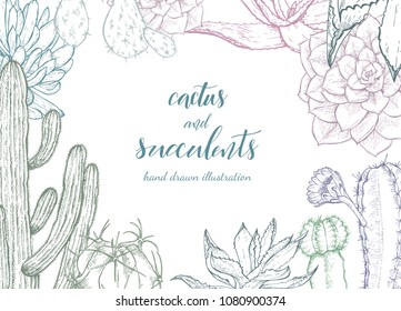 Floral background. Hand drawn vector botanical illustration. Template greeting card, wedding invitation banner with spring flowers. Sketch linear cactus ans succulents . Engraved style illustration.