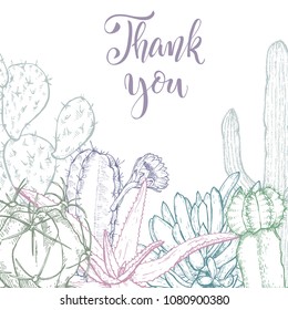 Floral background. Hand drawn vector botanical illustration. Template greeting card, wedding invitation banner with spring flowers. Sketch linear cactus ans succulents . Engraved style illustration.