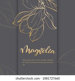 Floral background. Hand drawn vector botanical illustration. Template greeting card, wedding invitation banner with spring flowers. Sketch linear magnolia blossom. Engraved style illustration.
