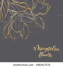 Floral background. Hand drawn vector botanical illustration. Template greeting card, wedding invitation banner with spring flowers. Sketch linear magnolia blossom.Engraved style illustration.