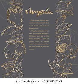 Floral background. Hand drawn vector botanical illustration. Template greeting card, wedding invitation banner with spring flowers. Sketch linear magnolia blossom.Engraved style illustration.