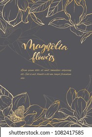 Floral background. Hand drawn vector botanical illustration. Template greeting card, wedding invitation banner with spring flowers. Sketch linear magnolia blossom.Engraved style illustration.