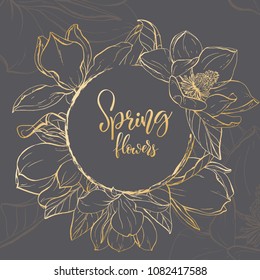 Floral background. Hand drawn vector botanical illustration. Template greeting card, wedding invitation banner with spring flowers. Sketch linear magnolia blossom.Engraved style illustration.