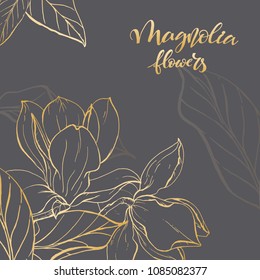 Floral background. Hand drawn vector botanical illustration. Template greeting card, wedding invitation banner with spring flowers. Sketch linear magnolia blossom.Engraved style illustration.