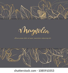 Floral background. Hand drawn vector botanical illustration. Template greeting card, wedding invitation banner with spring flowers. Sketch linear magnolia blossom.Engraved style illustration.