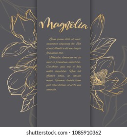 Floral background. Hand drawn vector botanical illustration. Template greeting card, wedding invitation banner with spring flowers. Sketch linear magnolia blossom.Engraved style illustration.