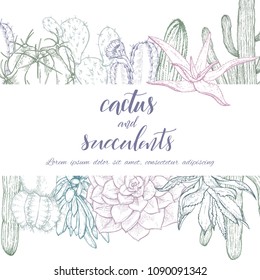 Floral background. Hand drawn vector botanical illustration. Template greeting card, wedding invitation banner with spring flowers. Sketch linear cactus ans succulents . Engraved style illustration.