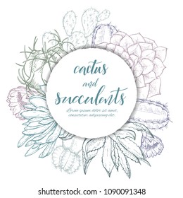 Floral background. Hand drawn vector botanical illustration. Template greeting card, wedding invitation banner with spring flowers. Sketch linear cactus ans succulents . Engraved style illustration.