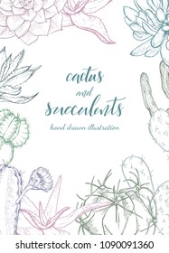 Floral background. Hand drawn vector botanical illustration. Template greeting card, wedding invitation banner with spring flowers. Sketch linear cactus ans succulents . Engraved style illustration.