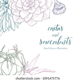 Floral background. Hand drawn vector botanical illustration. Template greeting card, wedding invitation banner with spring flowers. Sketch linear cactus ans succulents . Engraved style illustration.