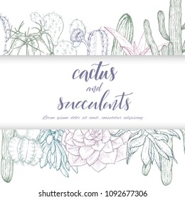 Floral background. Hand drawn vector botanical illustration. Template greeting card, wedding invitation banner with spring flowers. Sketch linear cactus ans succulents . Engraved style illustration.