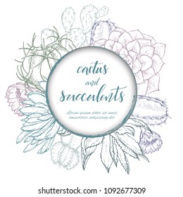 Floral background. Hand drawn vector botanical illustration. Template greeting card, wedding invitation banner with spring flowers. Sketch linear cactus ans succulents . Engraved style illustration.
