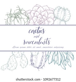 Floral background. Hand drawn vector botanical illustration. Template greeting card, wedding invitation banner with spring flowers. Sketch linear cactus ans succulents . Engraved style illustration.