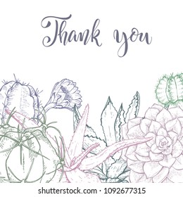 Floral background. Hand drawn vector botanical illustration. Template greeting card, wedding invitation banner with spring flowers. Sketch linear cactus ans succulents . Engraved style illustration.