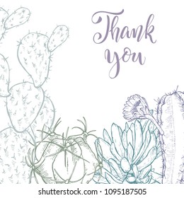 Floral background. Hand drawn vector botanical illustration. Template greeting card, wedding invitation banner with spring flowers. Sketch linear cactus ans succulents . Engraved style illustration.