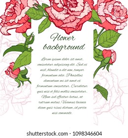 Floral background. Hand drawn vector botanical illustration. Template greeting card, wedding invitation banner with beauty roses. Engraved style illustration.