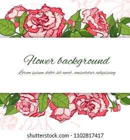 Floral background. Hand drawn vector botanical illustration. Template greeting card, wedding invitation banner with beauty roses. Engraved style illustration.