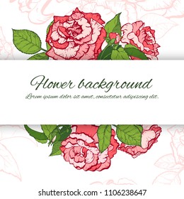 Floral background. Hand drawn vector botanical illustration. Template greeting card, wedding invitation banner with beauty roses. Engraved style illustration.