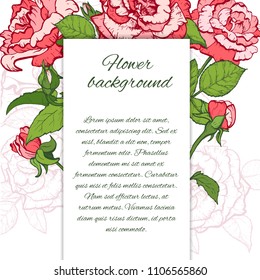 Floral background. Hand drawn vector botanical illustration. Template greeting card, wedding invitation banner with beauty roses. Engraved style illustration.