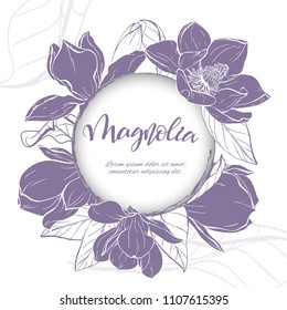Floral background. Hand drawn vector botanical illustration. Template greeting card, wedding invitation banner with spring flowers. Sketch linear magnolia blossom.Engraved style illustration.