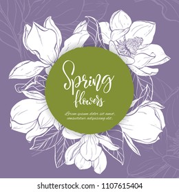 Floral background. Hand drawn vector botanical illustration. Template greeting card, wedding invitation banner with spring flowers. Sketch linear magnolia blossom.Engraved style illustration.