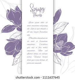 Floral background. Hand drawn vector botanical illustration. Template greeting card, wedding invitation banner with spring flowers. Sketch linear magnolia blossom.Engraved style illustration.