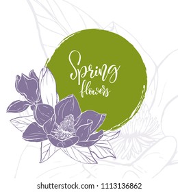 Floral background. Hand drawn vector botanical illustration. Template greeting card, wedding invitation banner with spring flowers. Sketch linear magnolia blossom.Engraved style illustration.
