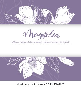Floral background. Hand drawn vector botanical illustration. Template greeting card, wedding invitation banner with spring flowers. Sketch linear magnolia blossom.Engraved style illustration.