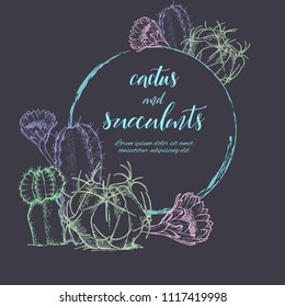 Floral background. Hand drawn vector botanical illustration. Template greeting card, wedding invitation banner with spring flowers. Sketch linear cactus ans succulents . Engraved style illustration.