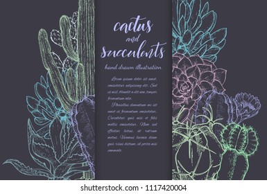 Floral background. Hand drawn vector botanical illustration. Template greeting card, wedding invitation banner with spring flowers. Sketch linear cactus ans succulents . Engraved style illustration.