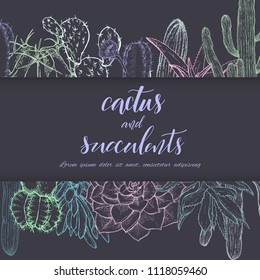 Floral background. Hand drawn vector botanical illustration. Template greeting card, wedding invitation banner with spring flowers. Sketch linear cactus ans succulents . Engraved style illustration.