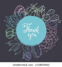 Floral background. Hand drawn vector botanical illustration. Template greeting card, wedding invitation banner with spring flowers. Sketch linear cactus ans succulents . Engraved style illustration.