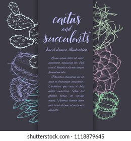 Floral background. Hand drawn vector botanical illustration. Template greeting card, wedding invitation banner with spring flowers. Sketch linear cactus ans succulents . Engraved style illustration.
