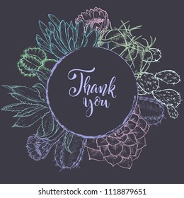 Floral background. Hand drawn vector botanical illustration. Template greeting card, wedding invitation banner with spring flowers. Sketch linear cactus ans succulents . Engraved style illustration.