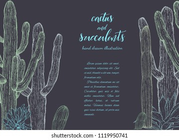 Floral background. Hand drawn vector botanical illustration. Template greeting card, wedding invitation banner with spring flowers. Sketch linear cactus ans succulents . Engraved style illustration.