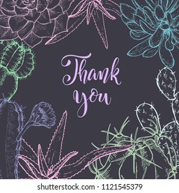 Floral background. Hand drawn vector botanical illustration. Template greeting card, wedding invitation banner with spring flowers. Sketch linear cactus ans succulents . Engraved style illustration.