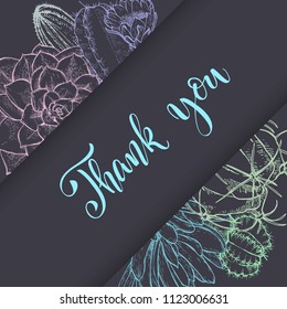 Floral background. Hand drawn vector botanical illustration. Template greeting card, wedding invitation banner with spring flowers. Sketch linear cactus ans succulents . Engraved style illustration.