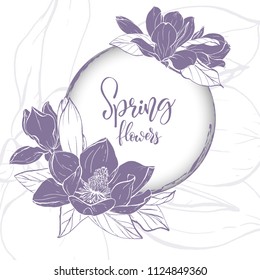 Floral background. Hand drawn vector botanical illustration. Template greeting card, wedding invitation banner with spring flowers. Sketch linear magnolia blossom.Engraved style illustration.